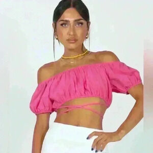 NWOT Princess Polly Carrington‎ Pink Puff Sleeve Wrap Crop Top US Size4